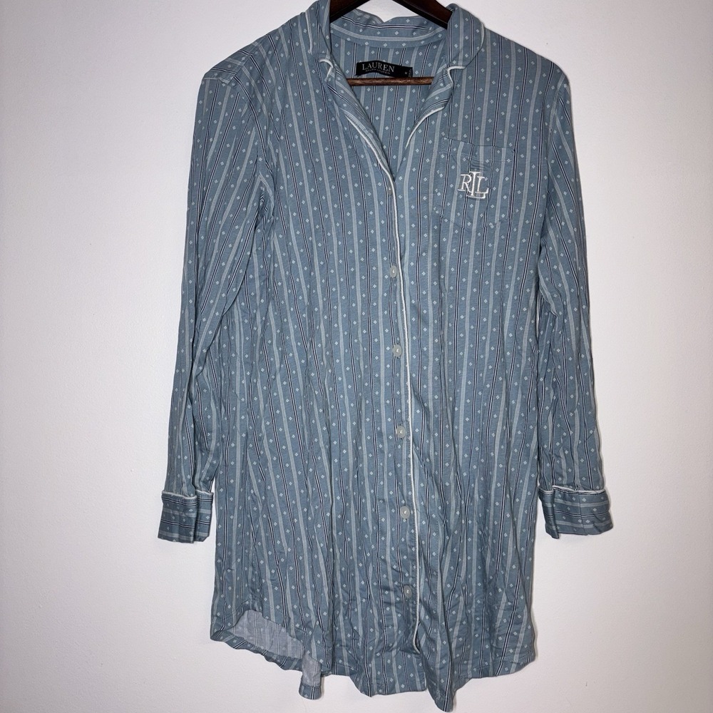Lauren Ralph Lauren Women Med Night Shirt Blue White Stripe Cotton Sleep Shirt
